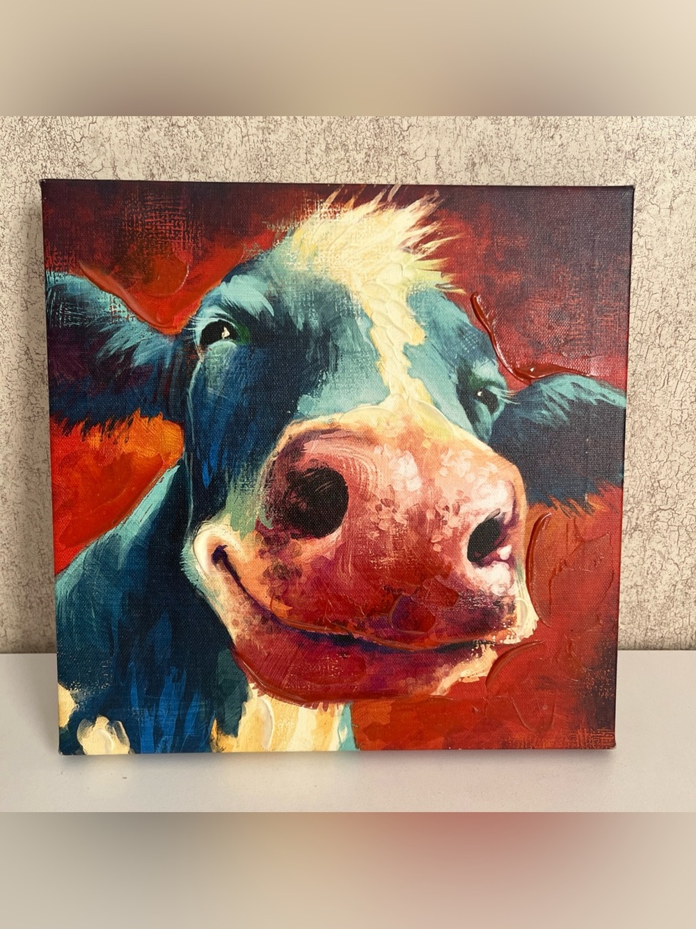 Holstein Cow Canvas Wall Art Vibrant Colors Humor Funny Close Up Face 10”x10”